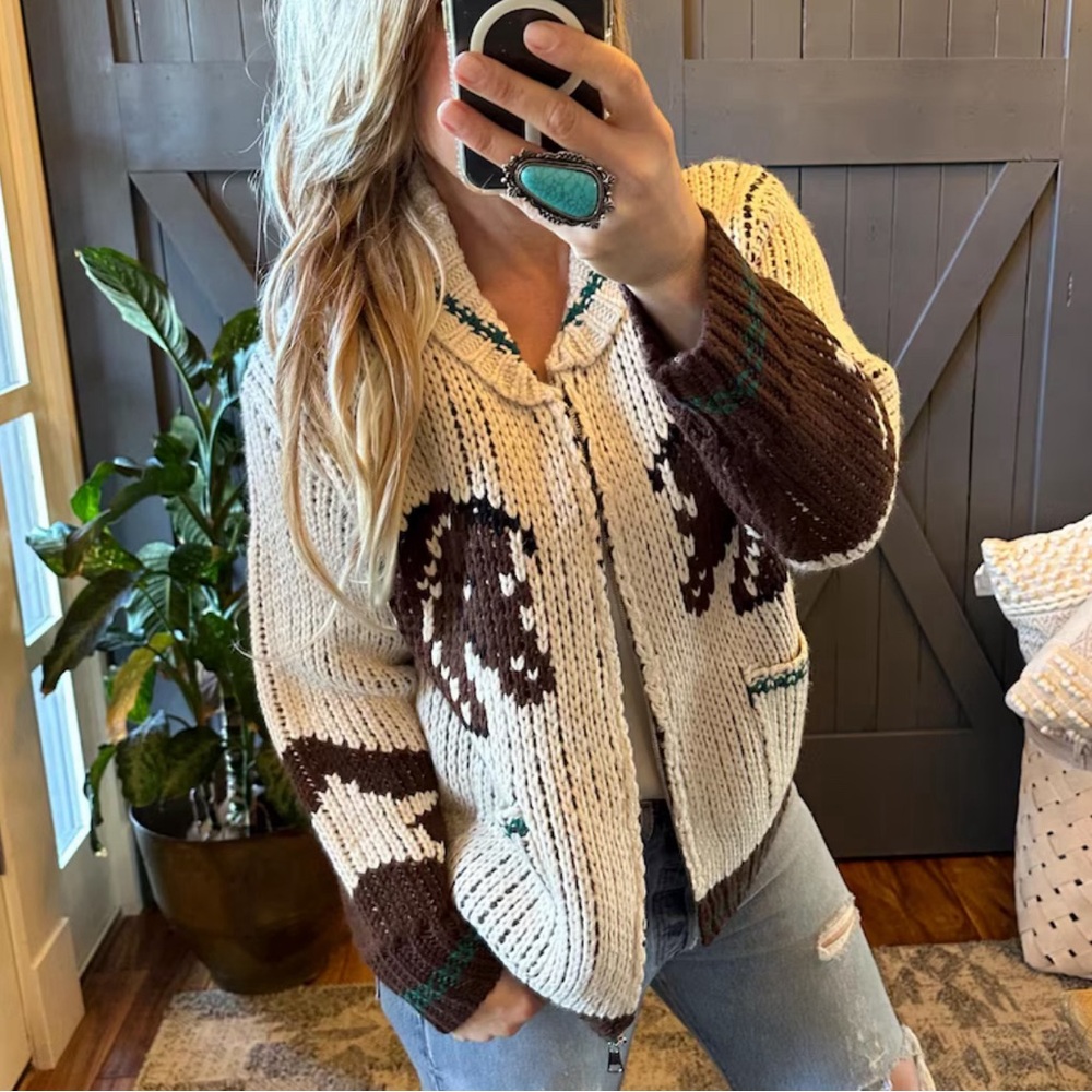Knitted Horse Print Cardigan Sweater Western Rodeo Cowichan Vintage Quilted Coat - Picture 4 of 8